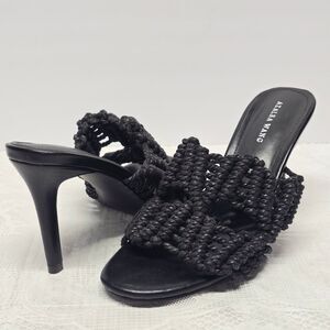 Azalea Wang Women's Woven High Heeled Black Mules Sandals 8 Boho Chic Summer